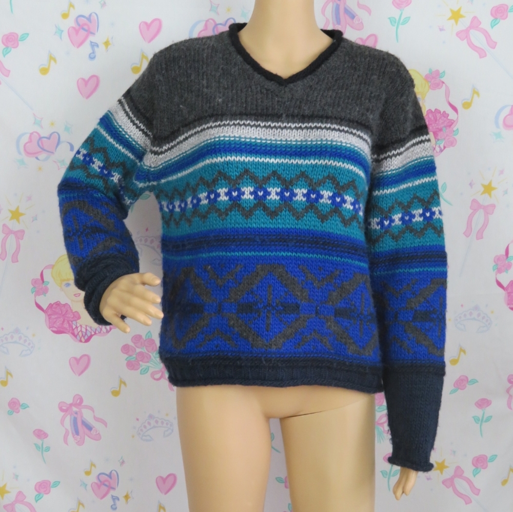 Blue Grey Aztec Design Sweater Minimalist Aqua Pullovwe Colordful Winter Fall